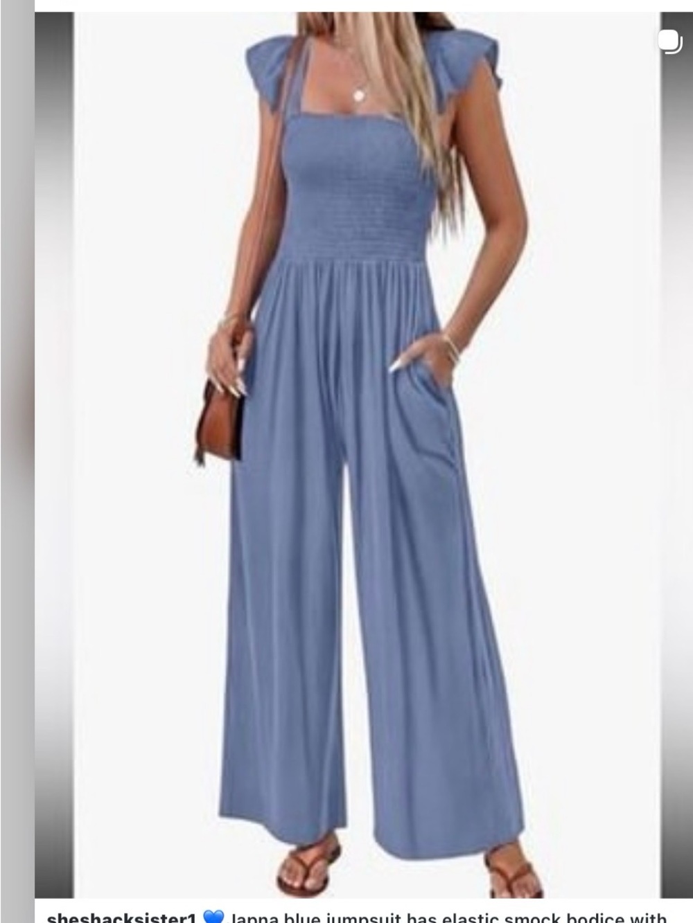 Japna Blue Smocked Bodice Ruffle Cap Sleeve Wide Leg Jumpsuit